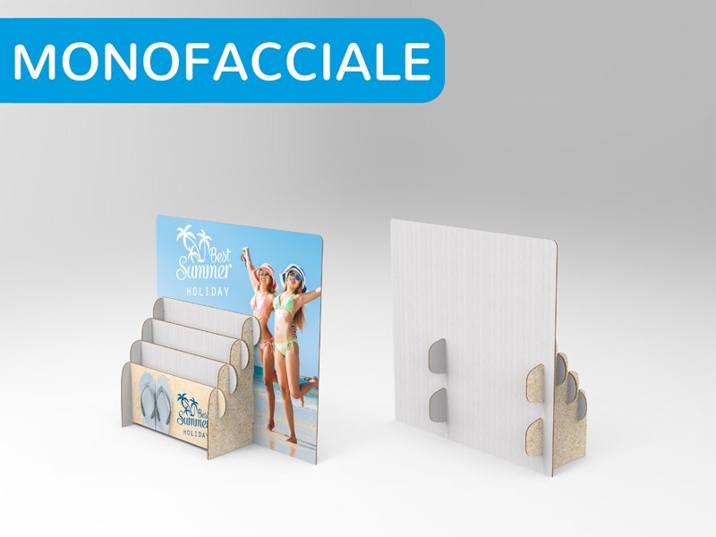 Porta depliant da banco in cartone Microonda 1.8mm, con 3 tasche portadepliant A4 formato: l37 cm X h36,20 cm X p10,40 cm con la stampa monofacciale della tua grafica